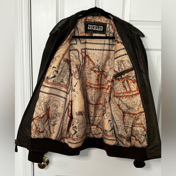 VTG EXCELLED LEATHER BOMBER BIKER JACKET AVIATOR BROWN/MAP GRAPHIC LINER  SZ XXL - Picture 6 of 16